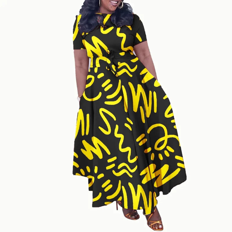 Women Dashiki Fashion Belted Maxi Long Party Dress Vintage Printed Sundress Casual Vestidos dress