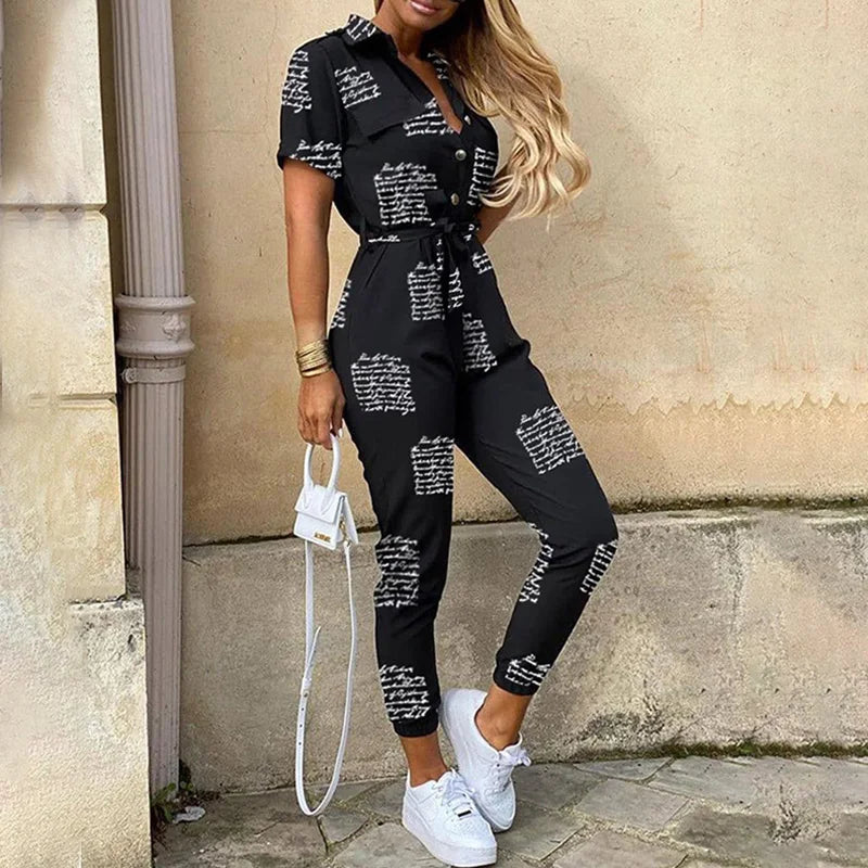 New Women jumpsuit casual workwear summer romper with print button up lapel waist belt slim fit onepiece