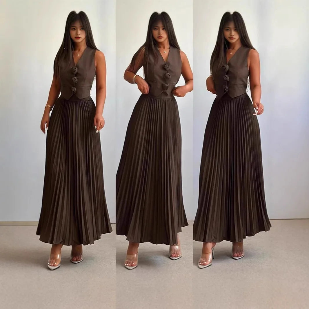 Women 2pcs Office Casual Clothes Set Sleeveless Button Tank Top Vest Solid Color & Long Pleated Skirt