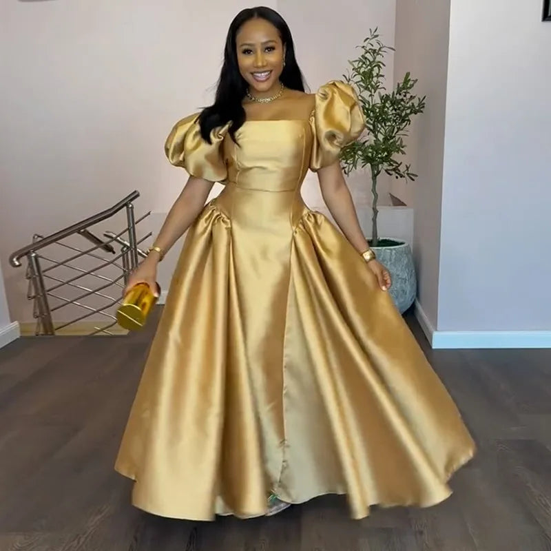 Women Elegant puff sleeve square collar gold solid pleated A-line evening party cocktail maxi Dresses