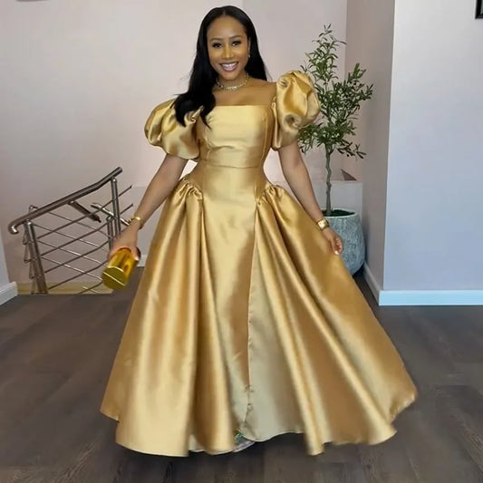 Women Elegant puff sleeve square collar gold solid pleated A-line evening party cocktail maxi Dresses