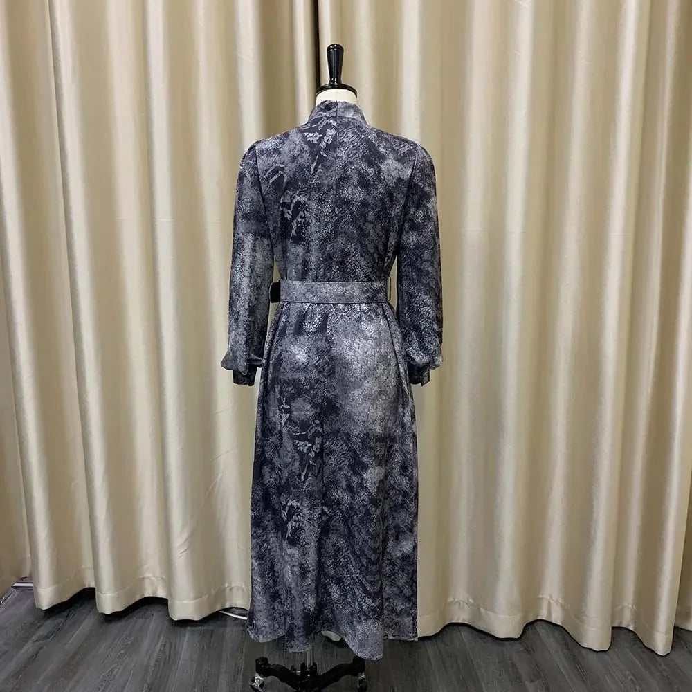 Women Elegant Vintage Dresses for  Bow Collar Full Sleeve Belt Waisted A Line Mid Calf Birthday Party Dinner Vestidos Mujer Dress