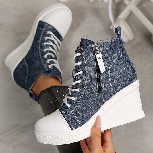Women High Top Wedge Sneakers Blue Camouflage  Fashion Lightweight Lace Up Platform Ankle Sneakers