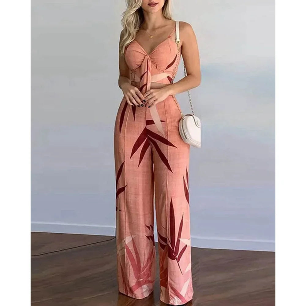 Women Summer Tropical Print Spaghetti Strap Casual Lace up Back Top &High Waist Pants Set 2 Pieces Suit Sets