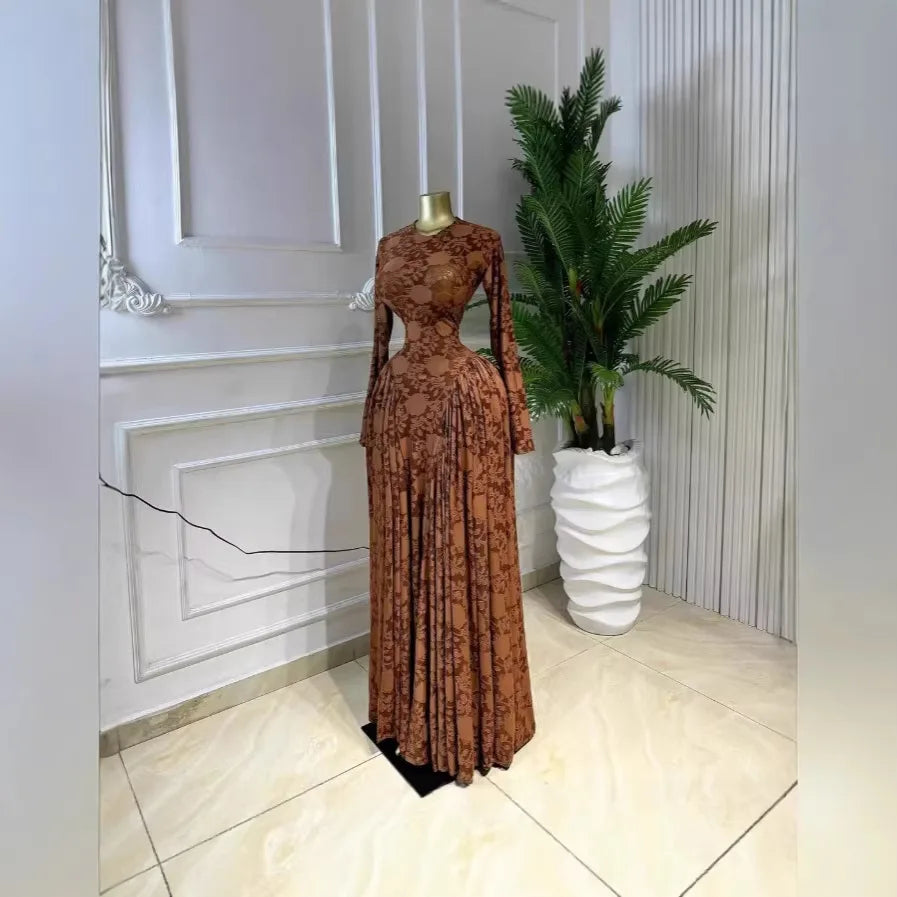 Women O-neck Long Sleeve Pleated Inner A-line  Evening Sexy Party Birthday Vacation Long Maxi Dresses Vestidos
