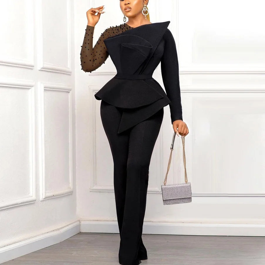 Women Luxury Jumpsuits & Rompers for Round Neck Beaded Transparent Sleeve High Waisted Elegant
