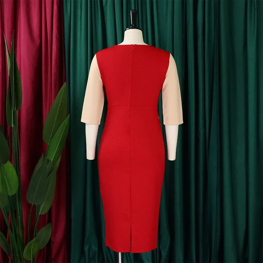 Women  Work Elegant Office O Neck Three Quarter Sleeve Patchwork Sheath Package Hips Mid Calf Professional Business Hot Dress
