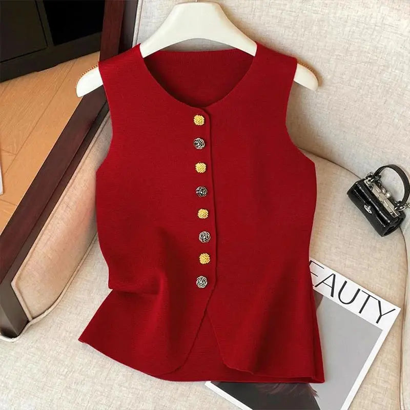 Women Elegant Flower Buttons O Neck Sleeveless Sweater Slim waistcoat