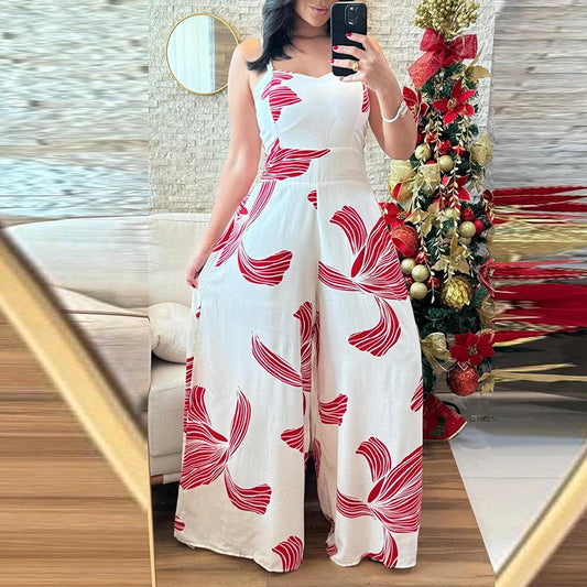 Women Elegant Sleeveless Hight Waist Playsuit  Sexy Off Shoulder Wide Leg   Fashion Pattern Print Loose Long Romper Jumpsuits