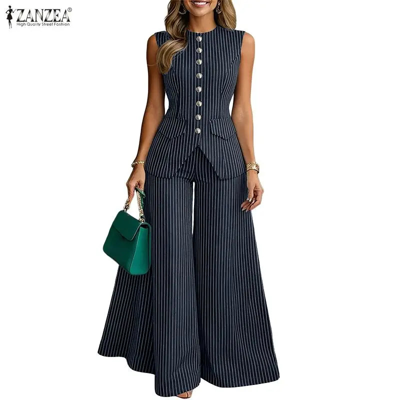 Women ZANZEA  elegant pant suits striped sleeveless vest tops & wide leg pant 2 pieces sets office fashion commuting outfits