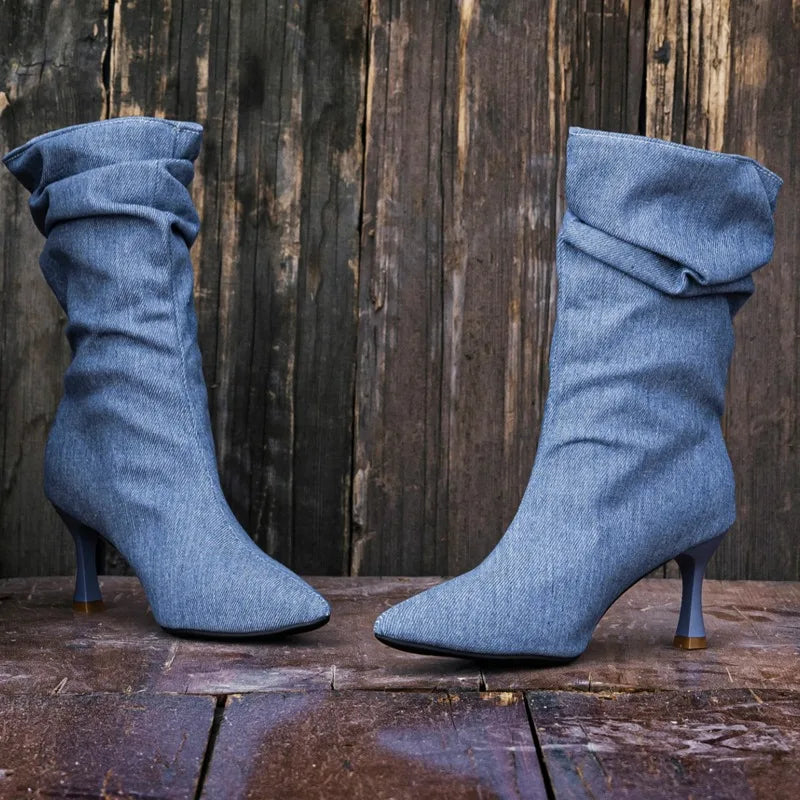 Women Elegant New Designer Denim Pointed Toe Pleated Special-Shaped Spring Autumn High Heel Boots