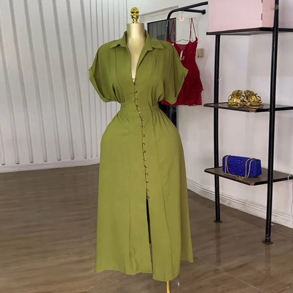 Women Classy new fashion short sleeve long maxi single breasted birthday party shirt dresses