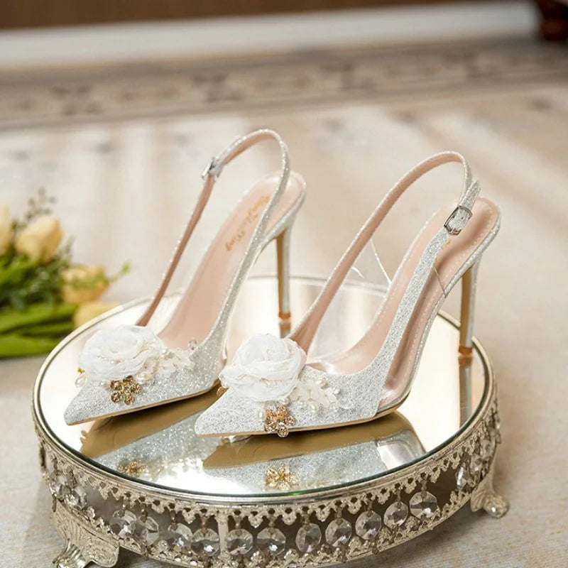Women New White Wedding  Pointed Head Shallow Mouth Flowers High Heels Summer Fashion Sandals