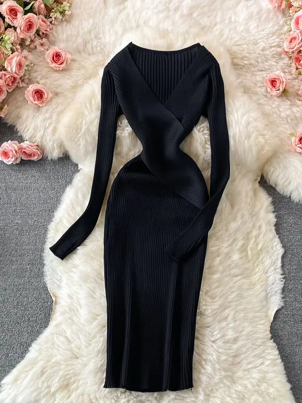 Women YuooMuoo Autumn Winter Elegant Cross V-neck Slim Waist Knitted Bodycon Office  Dress