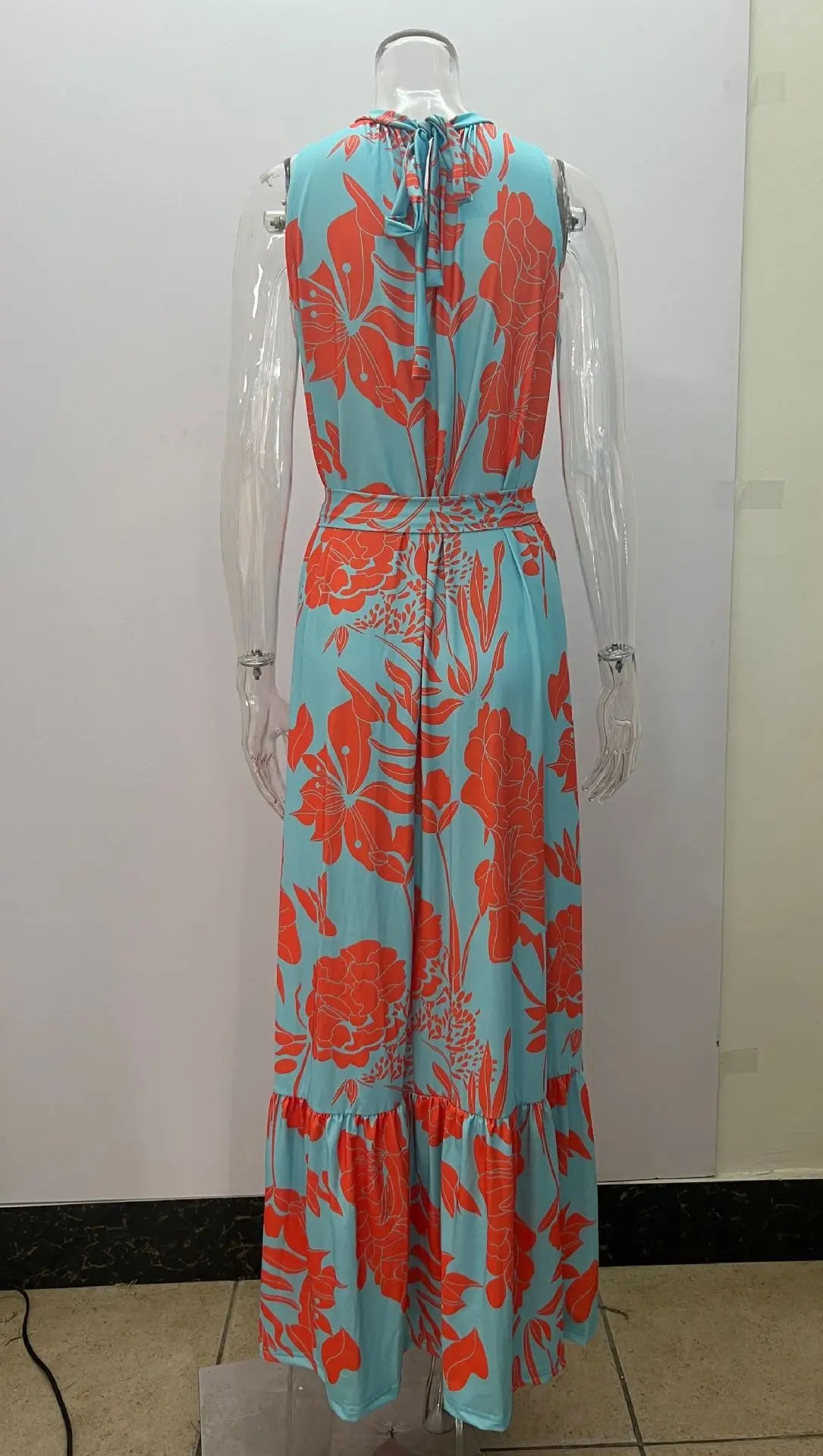 Women Europe and America Cross border Summer New Fashion Print Round Neck Lace up Mid length Dress