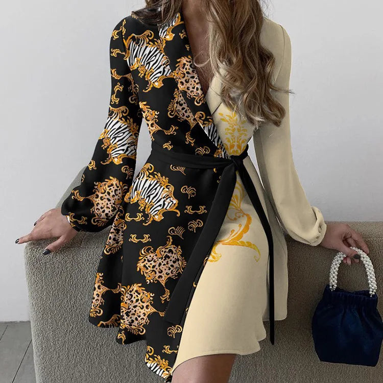 Women Dress  Summer  Fashion Temperament Printed long-sleeve Waist Lace Dresses Casual Vestidos HDM21688
