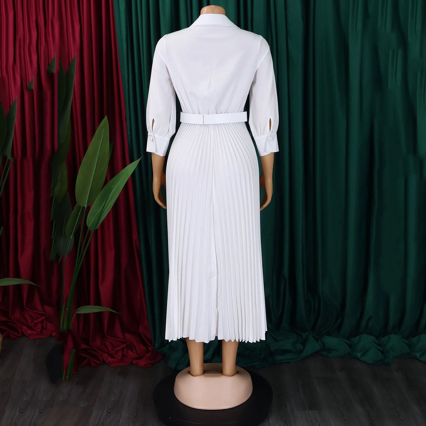 Women Elegant for  Pleated Deep V Neck Full Sleeve Belt Waisted Ankle Length Work Wear Dress