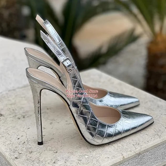 Women Yellow Snakeskin Slingback Pumps Pointy Toe Shallow Stiletto Heels Dress Shoes Cut-out Heels  Shoes 12Cm 10Cm 8Cm