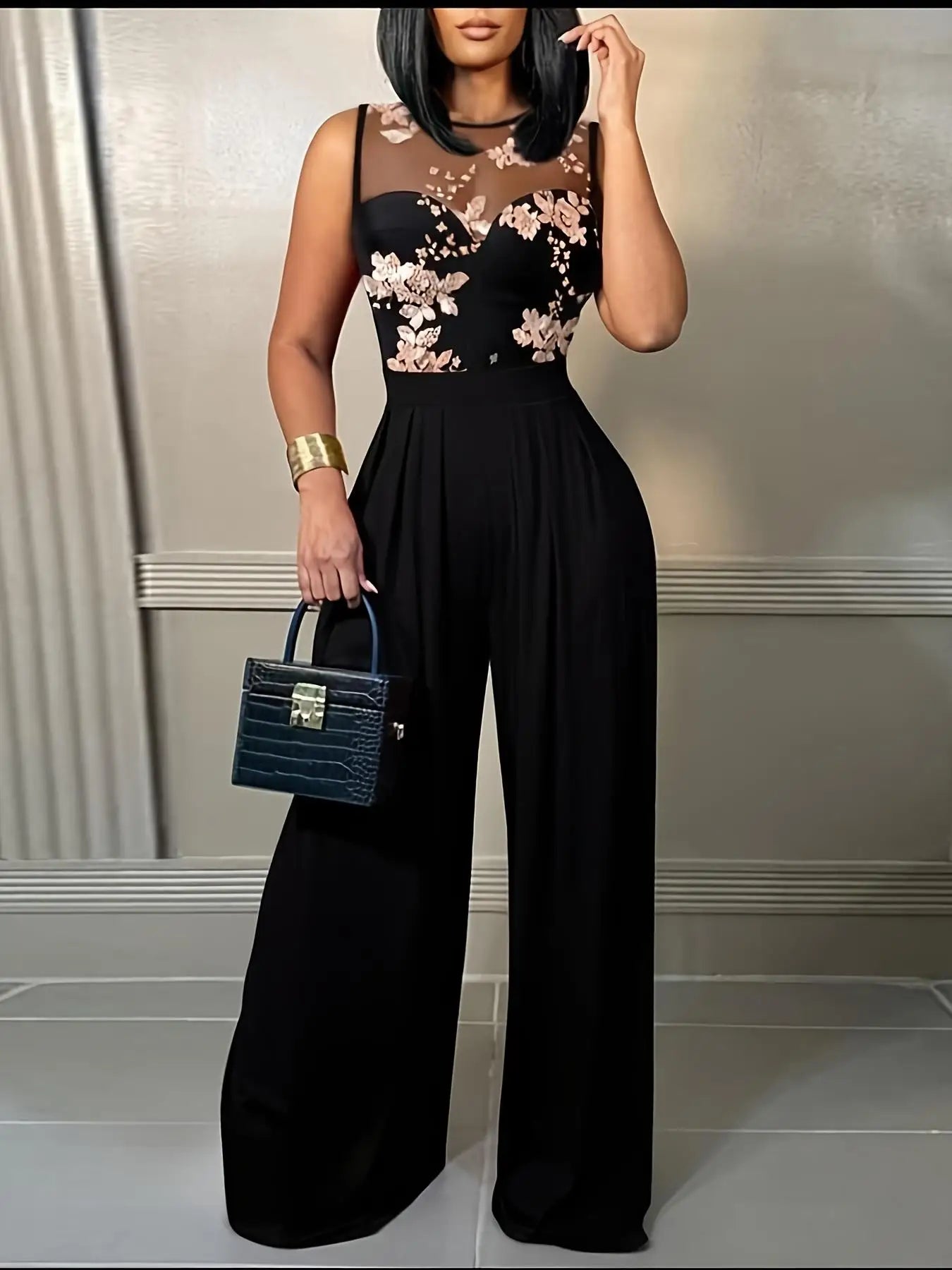 Women jumpsuit with sheer floral embroidered wide leg design idea for evening