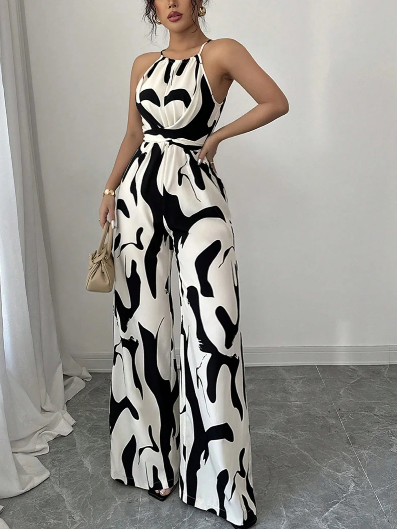 Women High end summer new retro versatile lace up waist slimming printed hanging neck jumpsuit