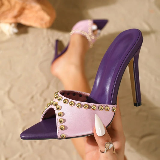 Women  Fashion Metal Decoration Pointed Toe Slippers Street Style Thin High Heels Stripper Banquet Summer Shoes