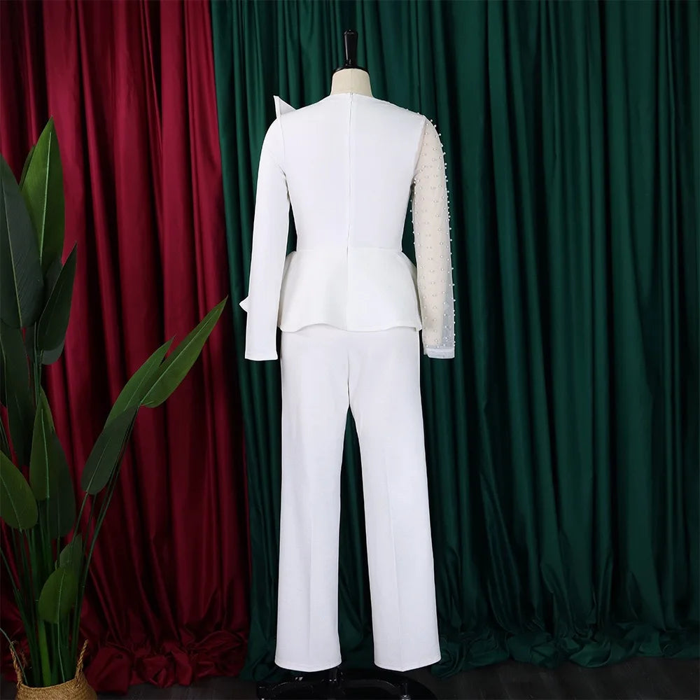 Women Luxury Jumpsuits & Rompers for Round Neck Beaded Transparent Sleeve High Waisted Elegant