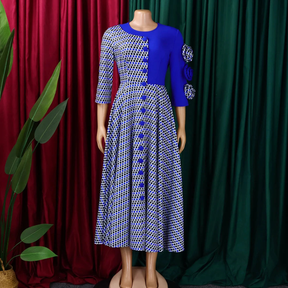 Women Elegant Dresses for Fall Fashion African 3/4 Sleeve Party Birthday New  Chic 3D Flower Plaid Evening A-Line Dress