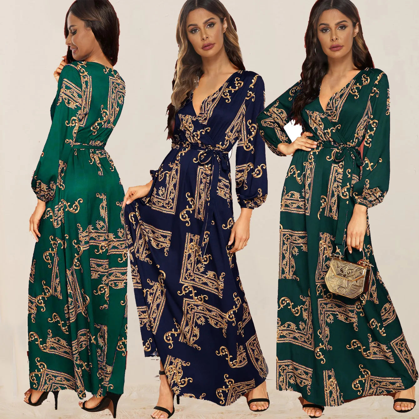 Women Eid Muslim Dresses V Neck Lantern Sleeve Morocco Ramadan Long Robe Print Party Dress