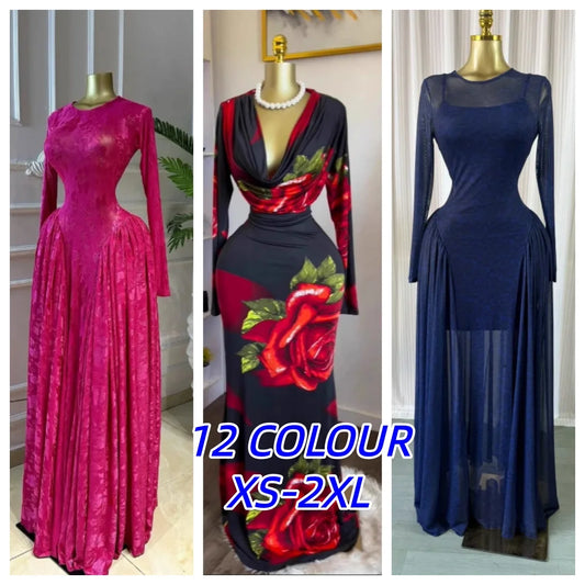 Women O-neck Long Sleeve Pleated Inner A-line  Evening Sexy Party Birthday Vacation Long Maxi Dresses Vestidos
