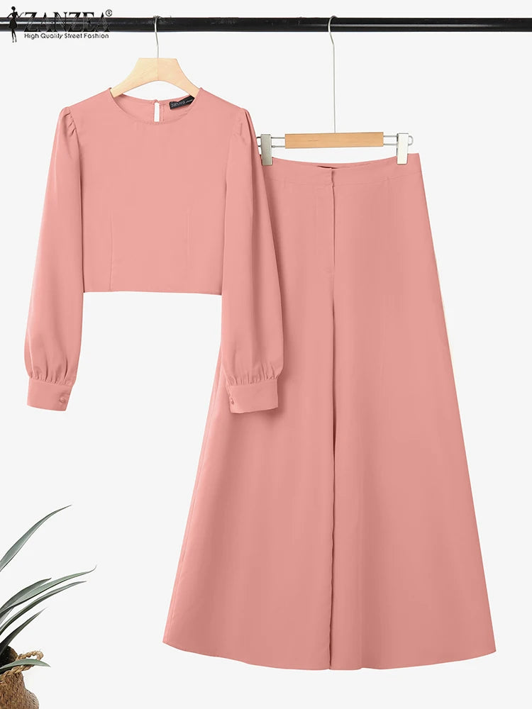 Women elegant Autumn ZANZEA Fashion 2PCS Tracksuits Long Sleeve Blouses Wide Leg Trousers