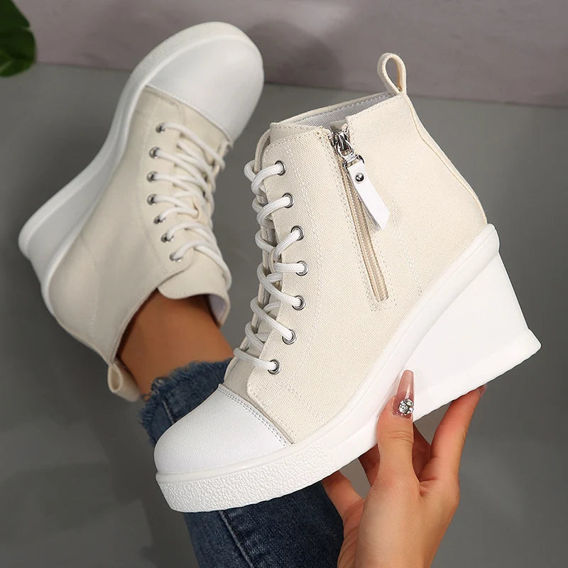Women Black High Top Canvas Sneakers Shoes Zipper Lace Up Ankle Boots