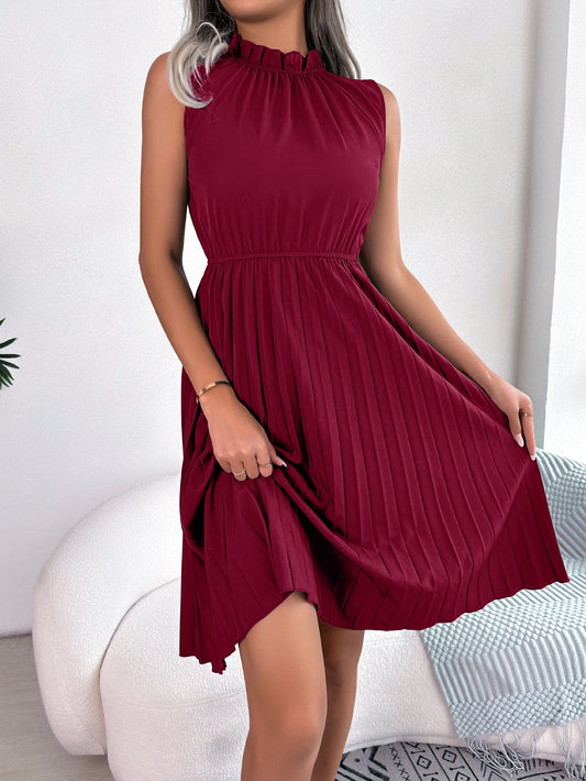Women Summer Casual Ruffles Sleeveless Pleated Knee Length  Solid Dresses