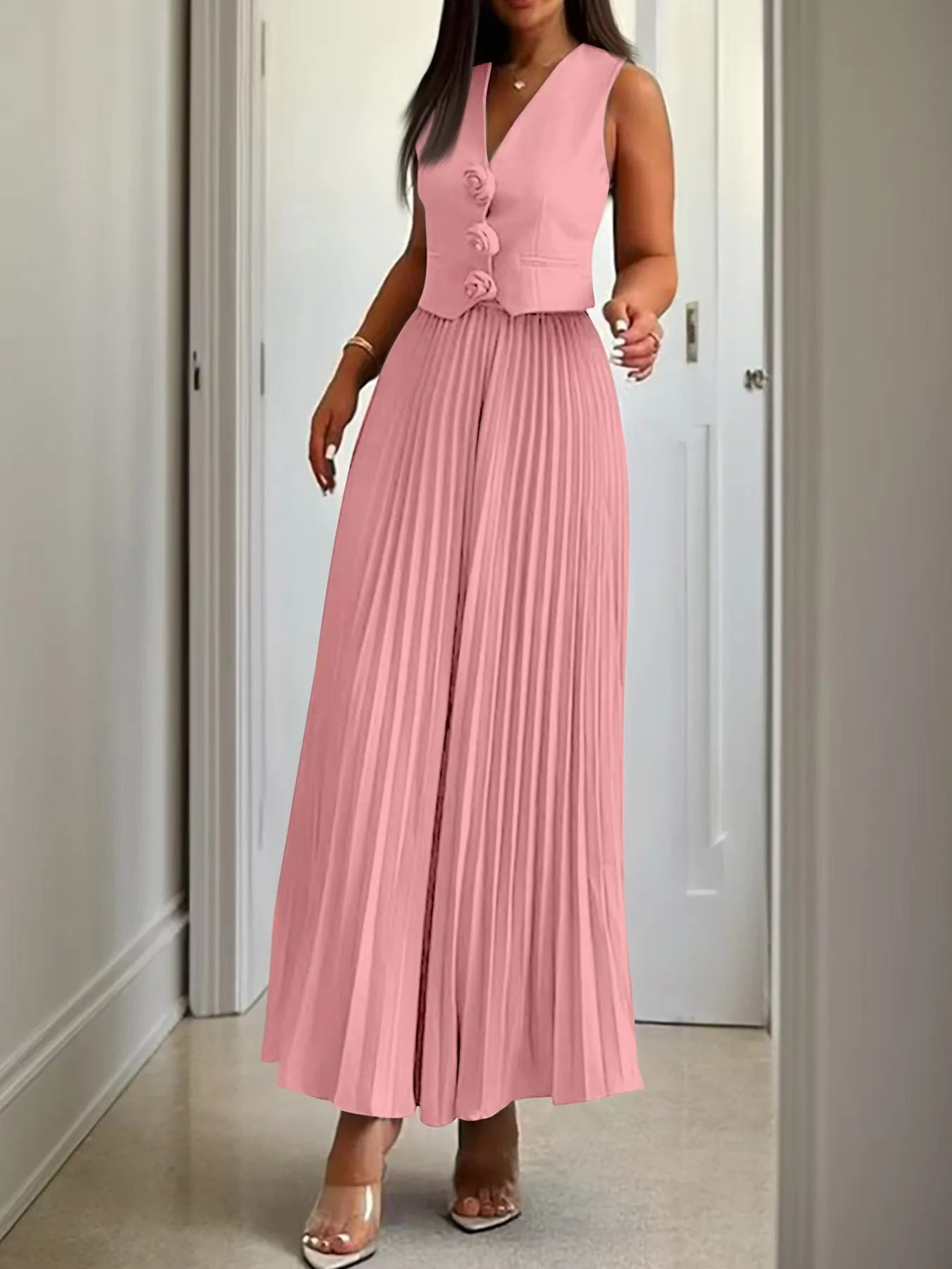 Women 2pcs Office Casual Clothes Set Sleeveless Button Tank Top Vest Solid Color & Long Pleated Skirt