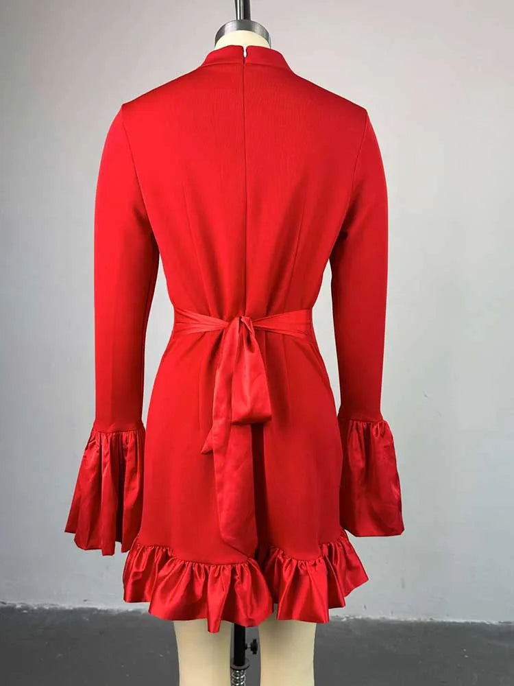 Women High Waisted Dress for Stand Collar Party Red Midi Dresses with Ruffle Around Female Spring Sexy   Dress