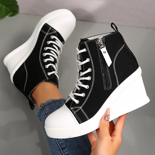Women Black High Top Canvas Sneakers Shoes Zipper Lace Up Ankle Boots
