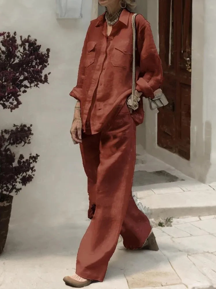Women Elegant Lapel Neck Long Sleeve Shirt Pants Sets 2PCS Fashion Autumn Outfits Solid Work Trousers Suits Tracksuit