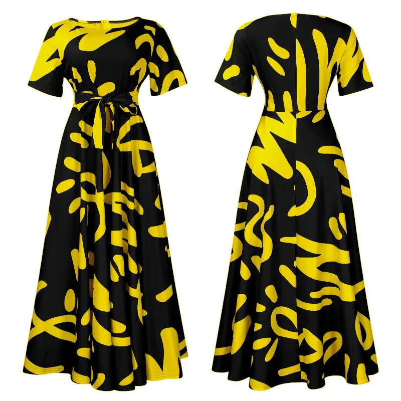 Women Dashiki Fashion Belted Maxi Long Party Dress Vintage Printed Sundress Casual Vestidos dress
