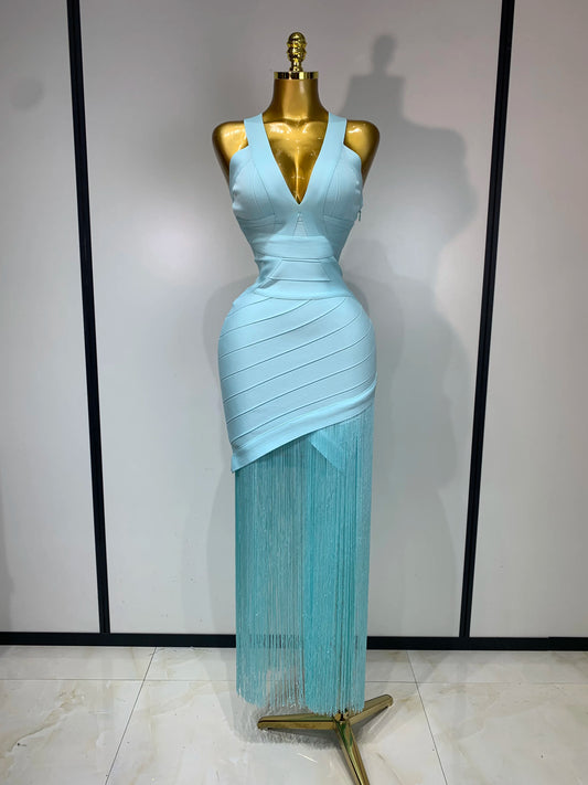 Women Sleeveless Sexy V-neck Tassel Bodycon Bandage Celebrity Elegant Evening Party High Quality Club Birthday Dress