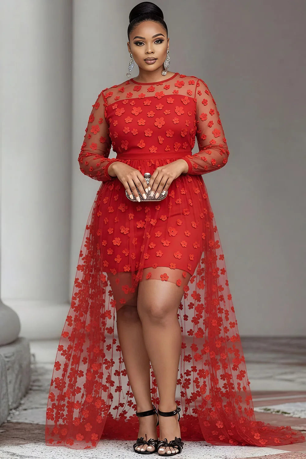 women Plus Size Party Round Neck Long Sleeve High Low Hem Elegant See Through Tulle Mini Dresses