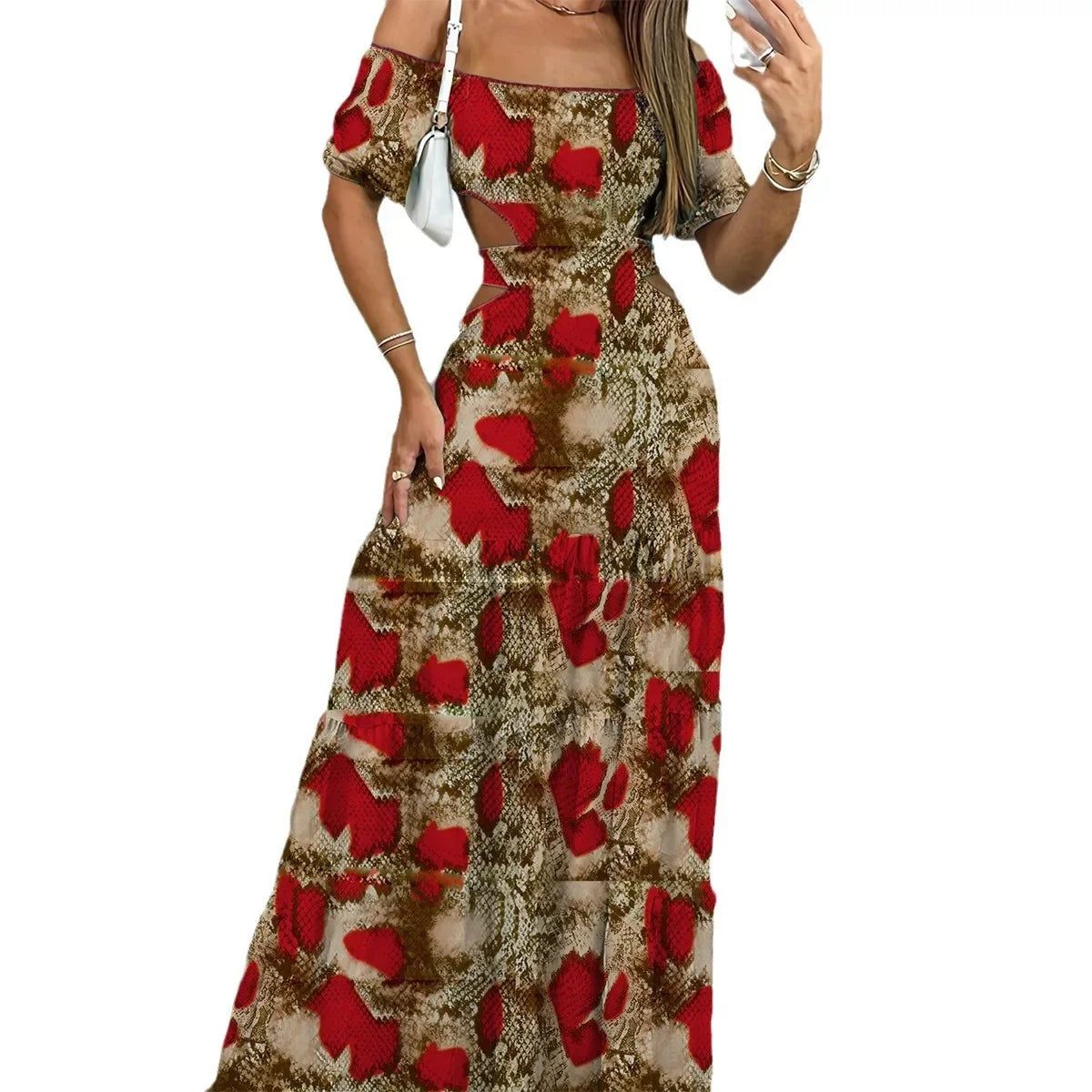 Women new straight neck elastic waist long elegant sexy one-piece dress