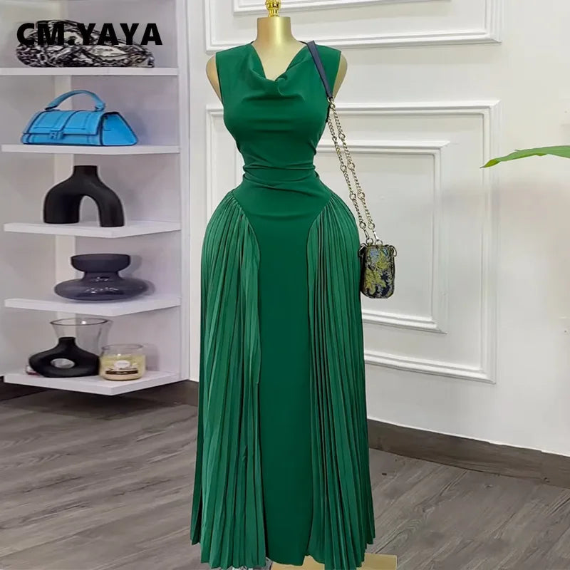 Women CM.YAYA  Summer Elegant Sleeveless Sweet V-Neck Floor-Length Long Dress Beach Party Evening Sexy Pleated Dresses