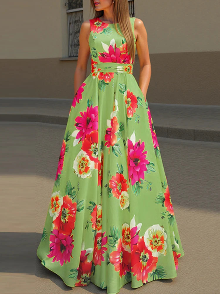 Women ZANZEA  Bohemian Dress Fashion Floral Printed Tank Sundress  Summer Sleeveless Waisted Robe Casual Party Maxi Dresses