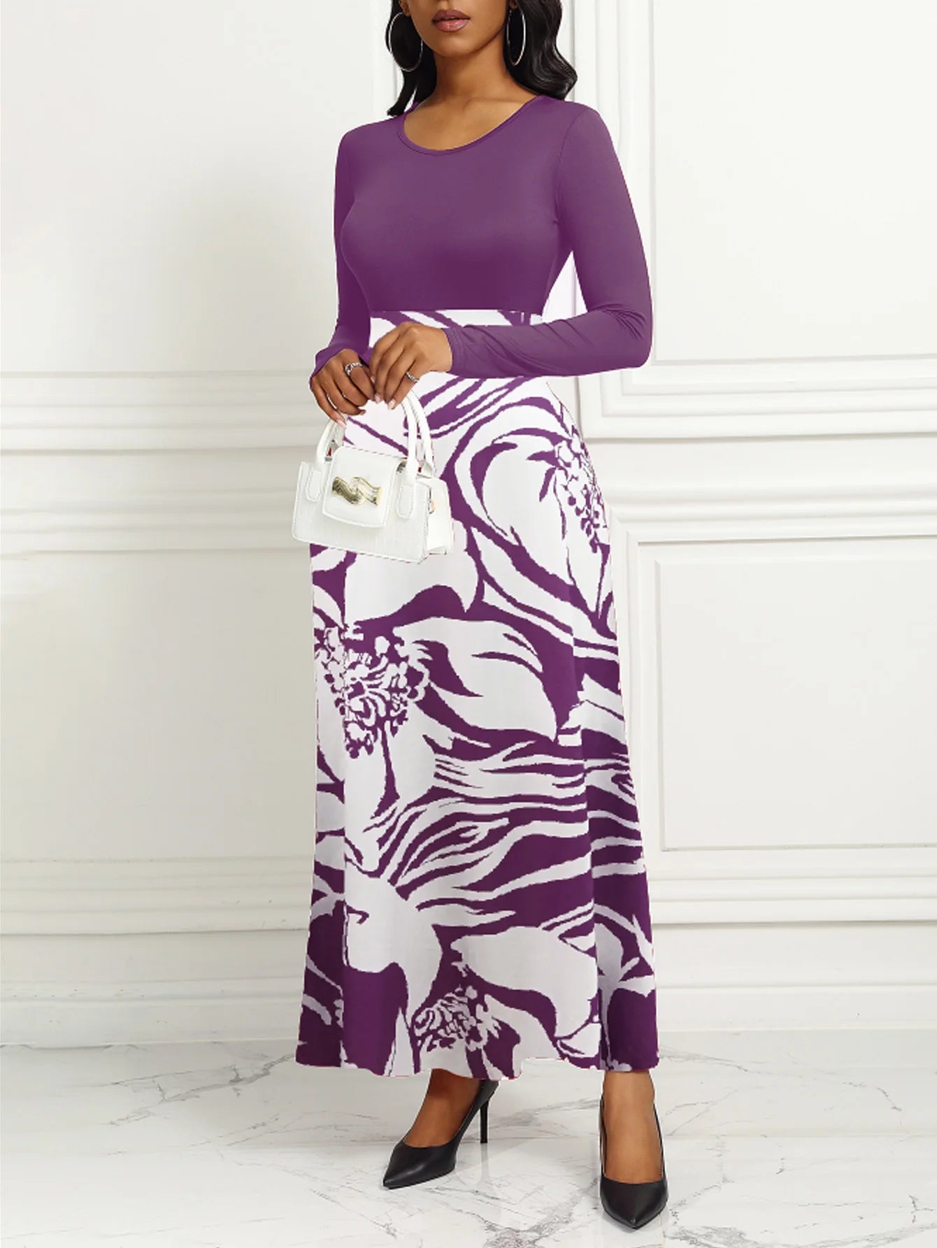 Women Long Sleeve Round Neck Printed Hem Long Purple Elegant Style dress