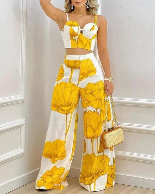 Women Two Piece Sets  Outfits Spring Fashion Plants Print Sleeveless Crop Cami Top & Casual Wide Leg Vacation Pants Set