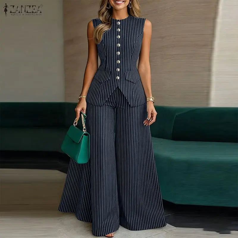 Women ZANZEA  elegant pant suits striped sleeveless vest tops & wide leg pant 2 pieces sets office fashion commuting outfits