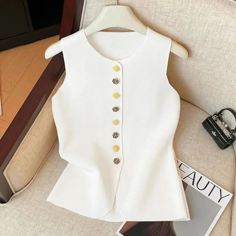 Women Elegant Flower Buttons O Neck Sleeveless Sweater Slim waistcoat
