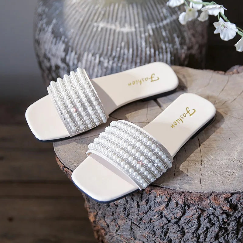 Women's summer new fashion square head open toe design casual flat leather beach slippers