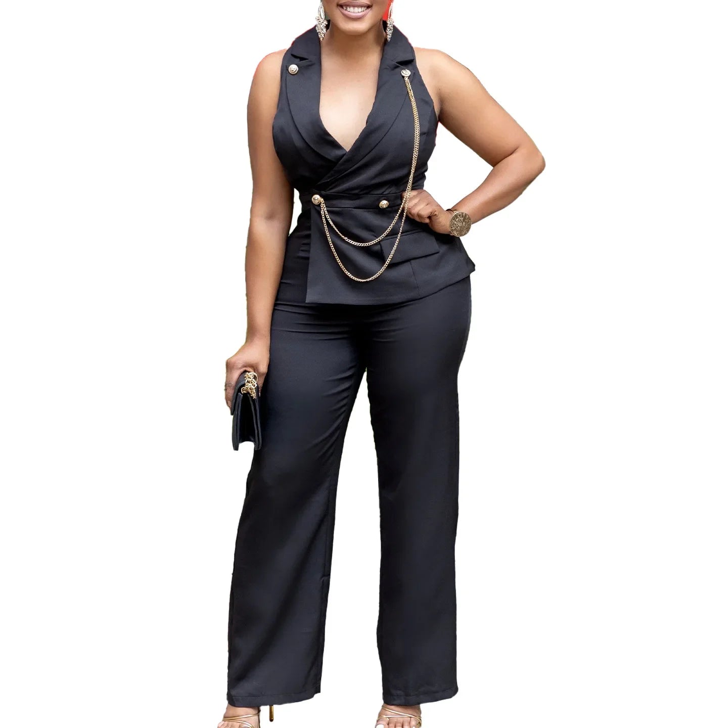 Women fashionable sexy chain collar wide leg jumpsuit casual style