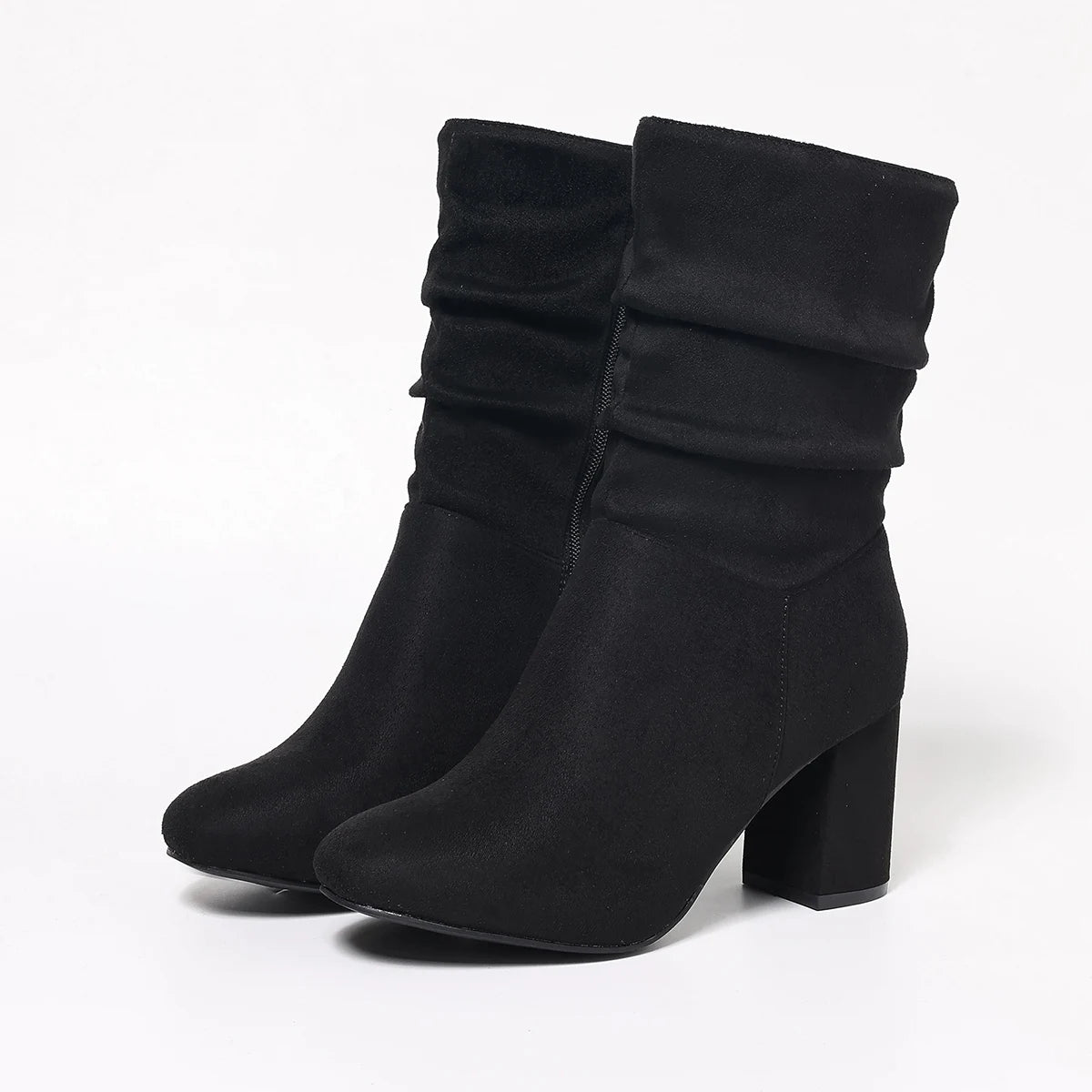 Women elegant Pleated booties, high heels, thick heels, suede, one-foot wide boots, fashionable spring, autumn, and winter boot