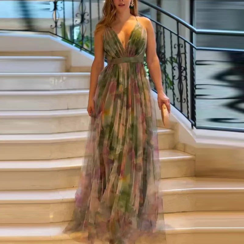 Women Elegant Strapless Mesh Print sexy sleeveless hight waistLong Dress